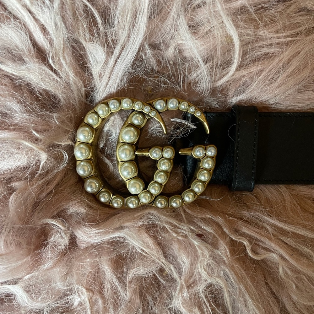 Leather Gucci Pearl Double G Belt